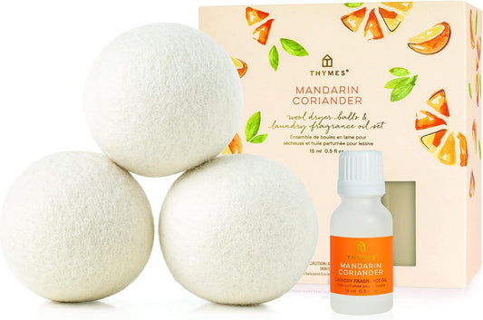 Thymes Wool Dryer Balls Set – Includes 3 Wool Laundry Balls + 1 Scented Laundry Fragrance Oil for Dryer – Eliminate Wrinkles, Static & Lint (Mandarin Coriander, 0.5 fl oz)