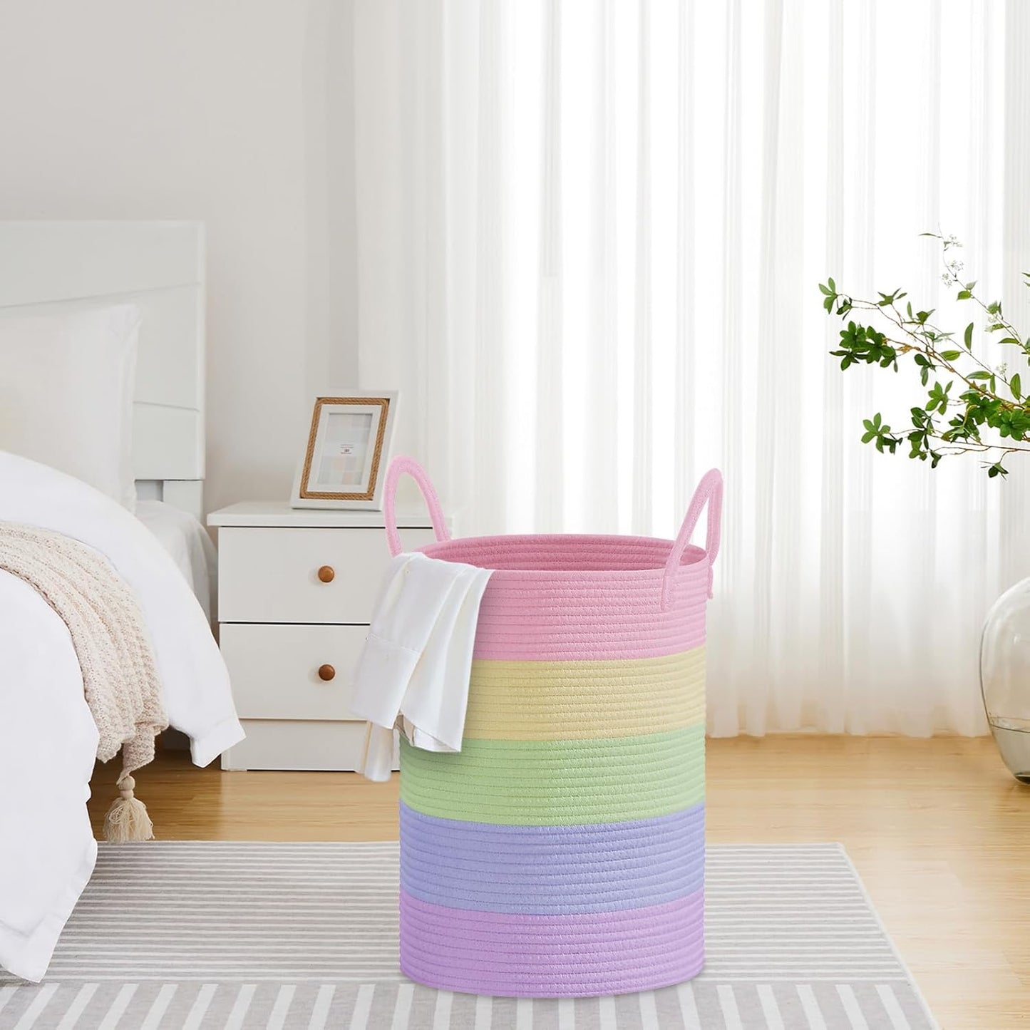 VIPOSCO Large Laundry Hamper, Tall Woven Rope Storage Basket for Blanket, Toys, Dirty Clothes in Living Room, Bathroom, Bedroom - 72L Rainbow