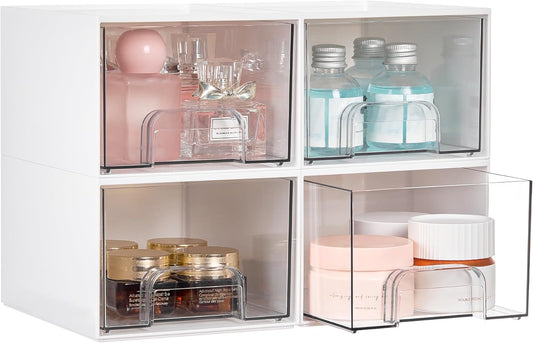 Vtopmart 4Pack Small Stackable Storage Drawer, Bathroom Makeup Organizer,Plastic Storage Bins For Vanity, Undersink, Kitchen Cabinets, Pantry, Home Organization(White)