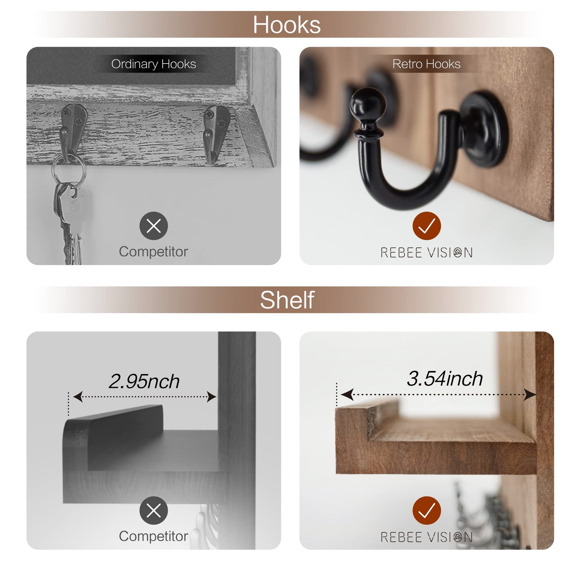 Rebee Vision Key Holder Wall Mount with 5 Key Hooks for Home Decor, Brown