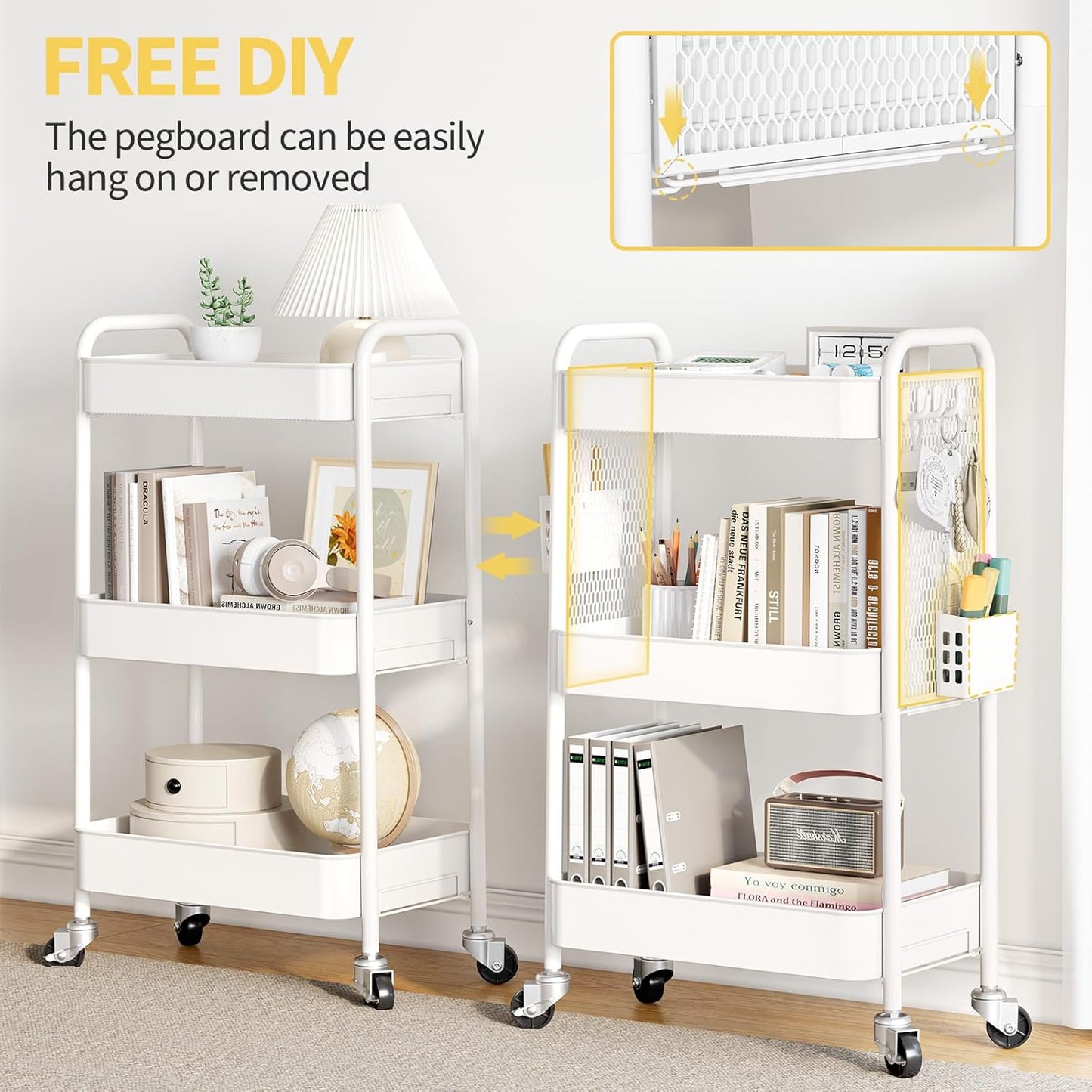 TOOLF 3 Tier Rolling Cart Storage Organizer, Metal Rolling Utility Cart with Wheels, Hooks & Bins Esthetician Craft Art Sturdy Storage with Pegboard for Bathroom, Kitchen, Office, Nursery Diaper