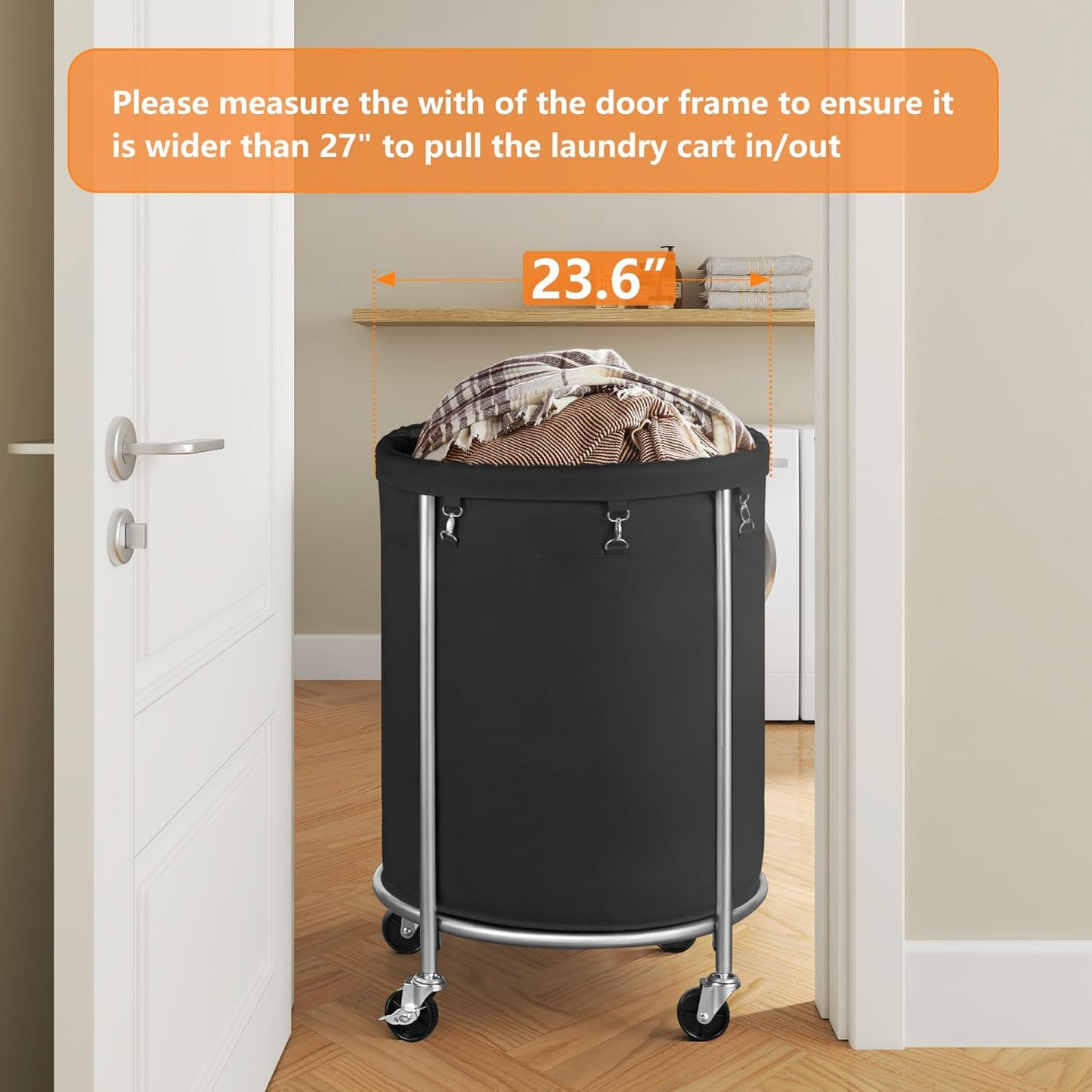 ELYKEN Laundry Hamper on Wheels, 23.6" Diameter 170L Large Capacity Laundry Basket with Removable Liner Bag, Easy Rolling Clothes Cart with 4 Casters and 2 Brakes, Sturdy Metal Frame, Black