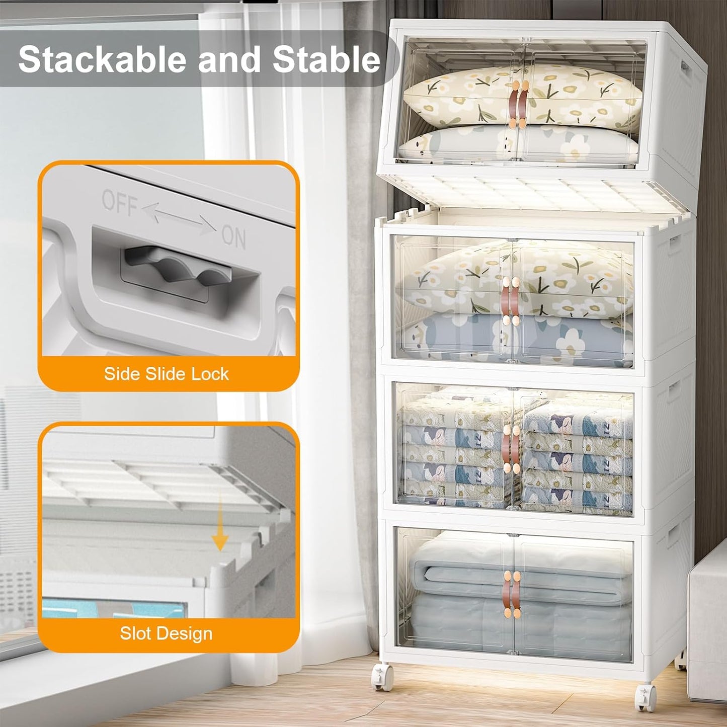 Extra Large Stackable Storage Bins with Lids & Wheels & Door, 640QT-160QT/40GAL*4Pack Foldable Collapsible Closet Organizers, Plastic Containers Drawers for Bedroom Dorm Garage Sturdy MAX