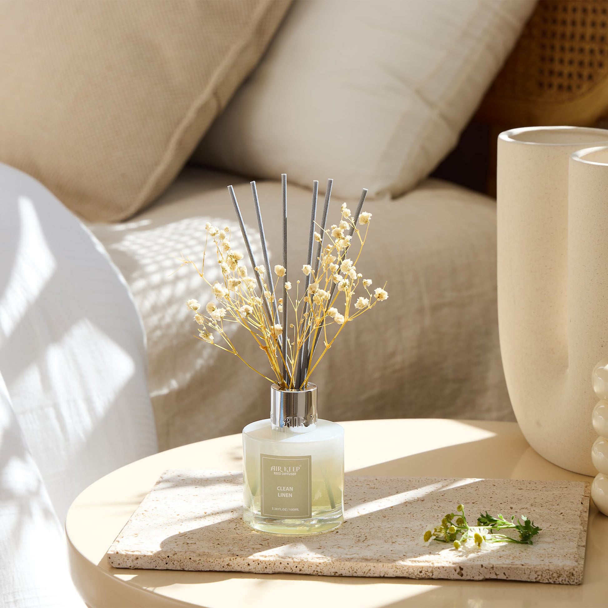 Airkeep Reed Diffuser Set,3.38 fl oz (100 ml) - Clean Linen Oil Diffusers with 8 Reed Sticks,Home