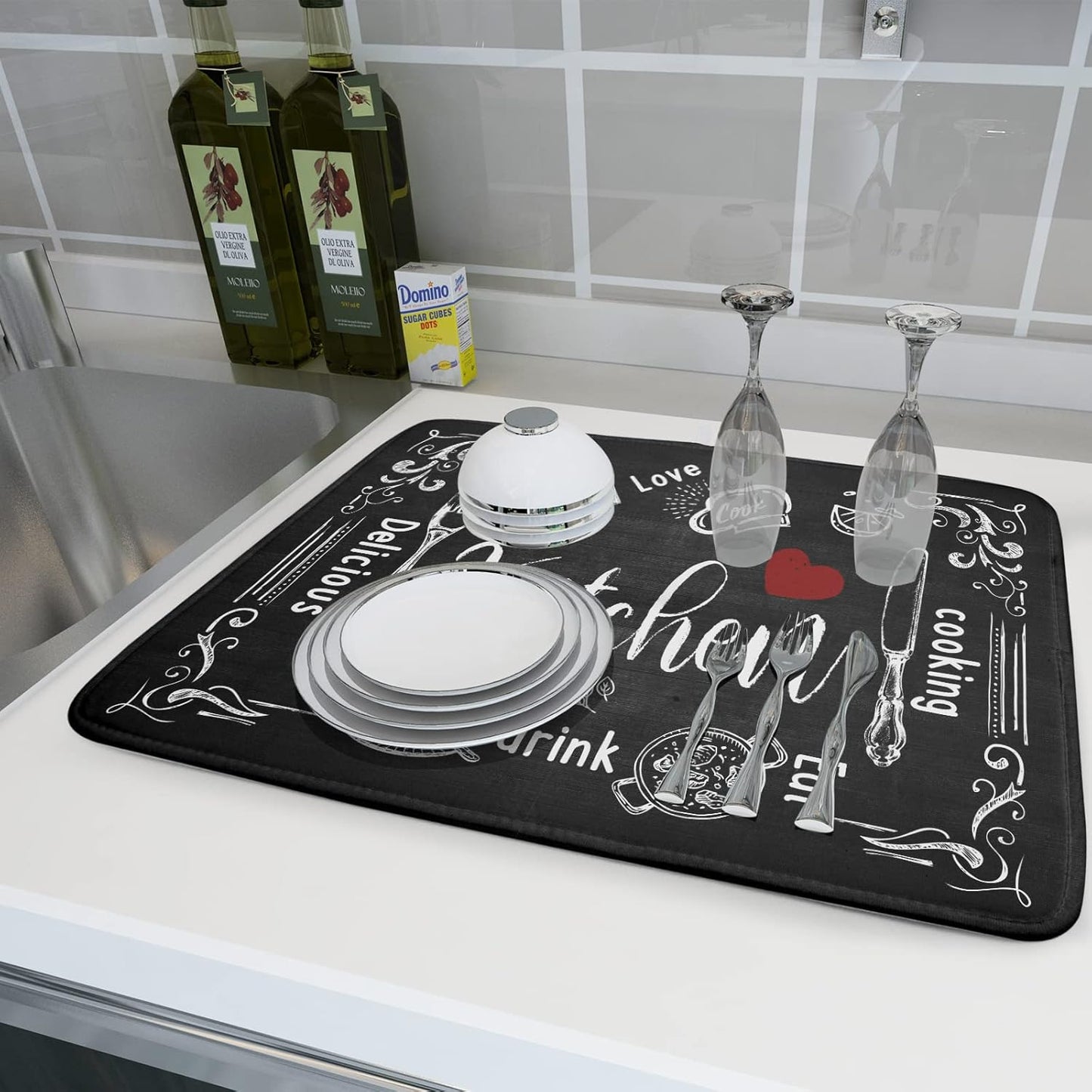 Black Coffee Bar Dish Drying Mats for Kitchen Counter 18x24 Inch, Kitchen Drying Mat, Kitchen Coffee Bar Dishes Pad Dish Drainer Rack Mats Absorbent Fast Dry Kitchen Accessories