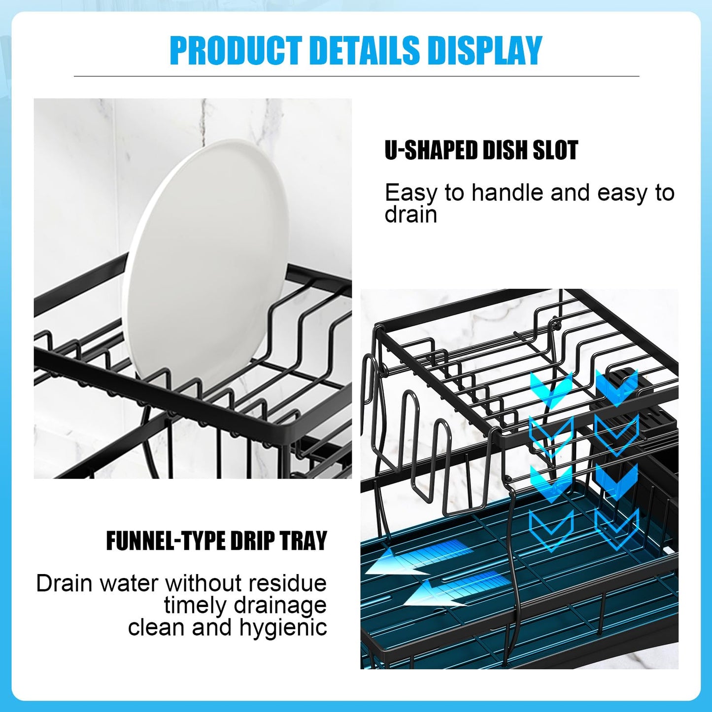 7 code 2-Tier Large Dish Drying Rack for Kitchen Counter, Black
