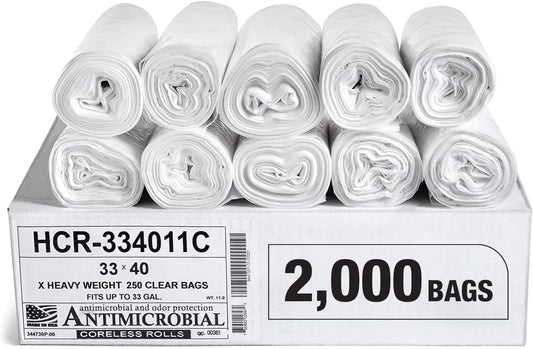 Aluf Plastics High Density Trash Bags, 33 Gallon, 2000 Count, 11 Micron (eq), 33" x 40", Clear, for Bathroom, Office, Industrial, Commercial, Janitorial, Municipal, Recycling