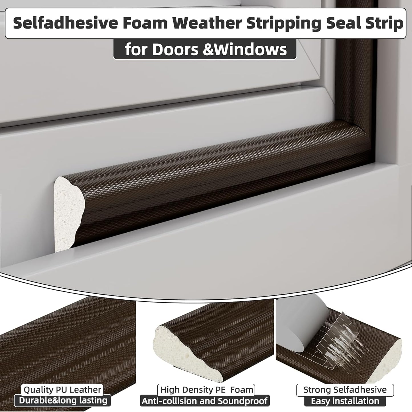 9.8 Ft Weather Stripping Seal Strip for Doors/Windows,Soundproofing Window Insulation Draft Stopper for Winter, Selfadhesive Foam Weather Strip for Door Frame,Door Gap Filler Noise Blocker(Brown)