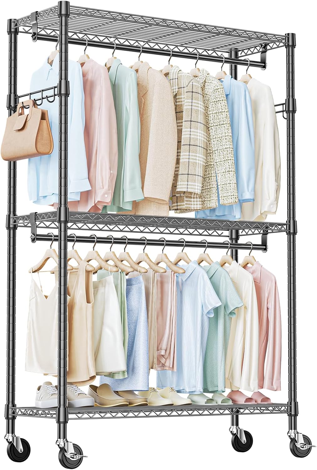 IZEUK Heavy Duty Rolling Garment Rack with 3 Adjustable Wire Shelves, Hanging Rod & Side Hooks - Extra Large Mobile Clothes Rack with Wheels, 47.2" W x 17.7" D x 83.6" H, Black
