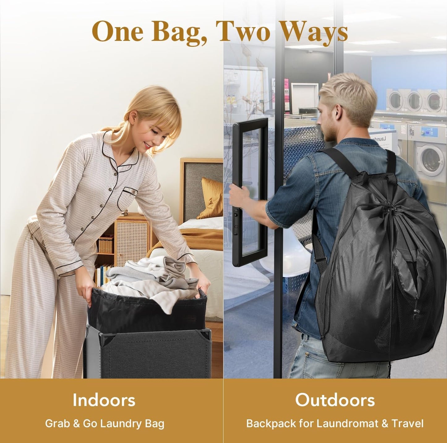 60L 2-in-1 Laundry Hamper with Laundry Backpack, Waterproof Basket with Lid, Laundry Bag with Shoulder Straps and Mesh Pocket, Hamper for College Dorm, Travel, Apartment, Laundromat