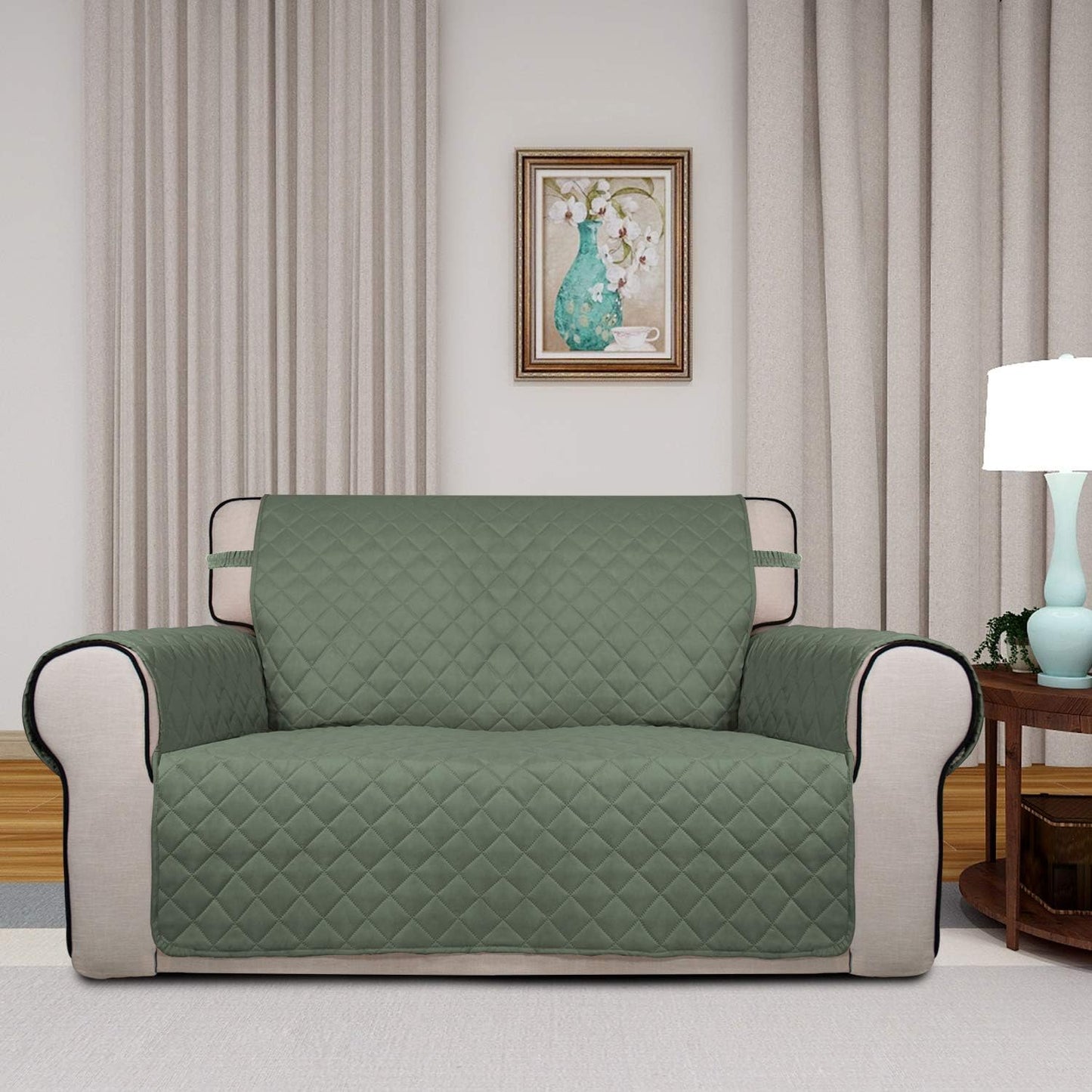PureFit Reversible Quilted Sofa Cover, Water Resistant Slipcover Furniture Protector, Washable Couch Cover with Non Slip and Elastic Straps for Kids, Dogs, Pets (Loveseat, Greyish Green/Beige)