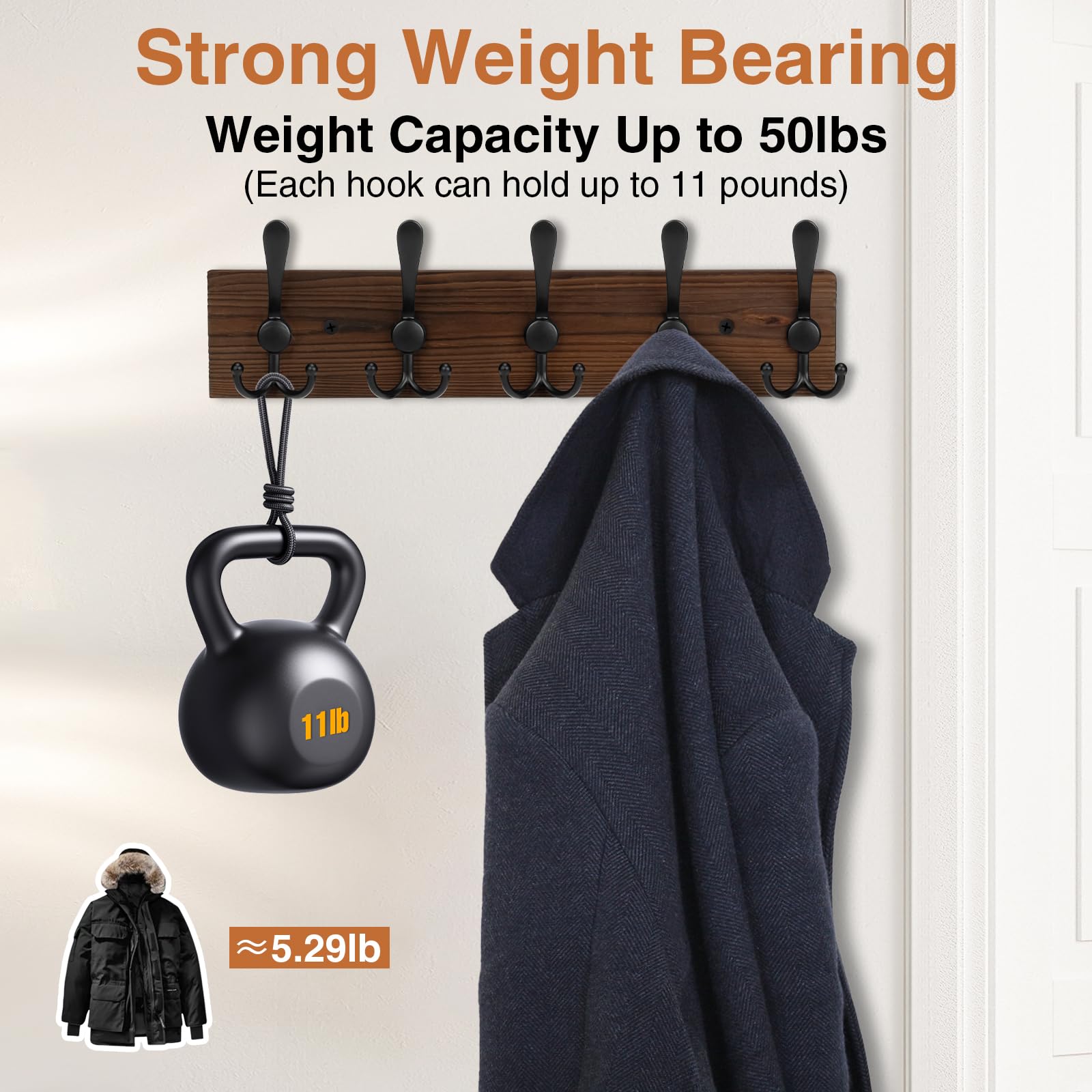 Wooden Coat Rack Wall Mount Heavy Duty, 2 Pack Coat Hanger Wall Mount with 5 Triple Hooks for