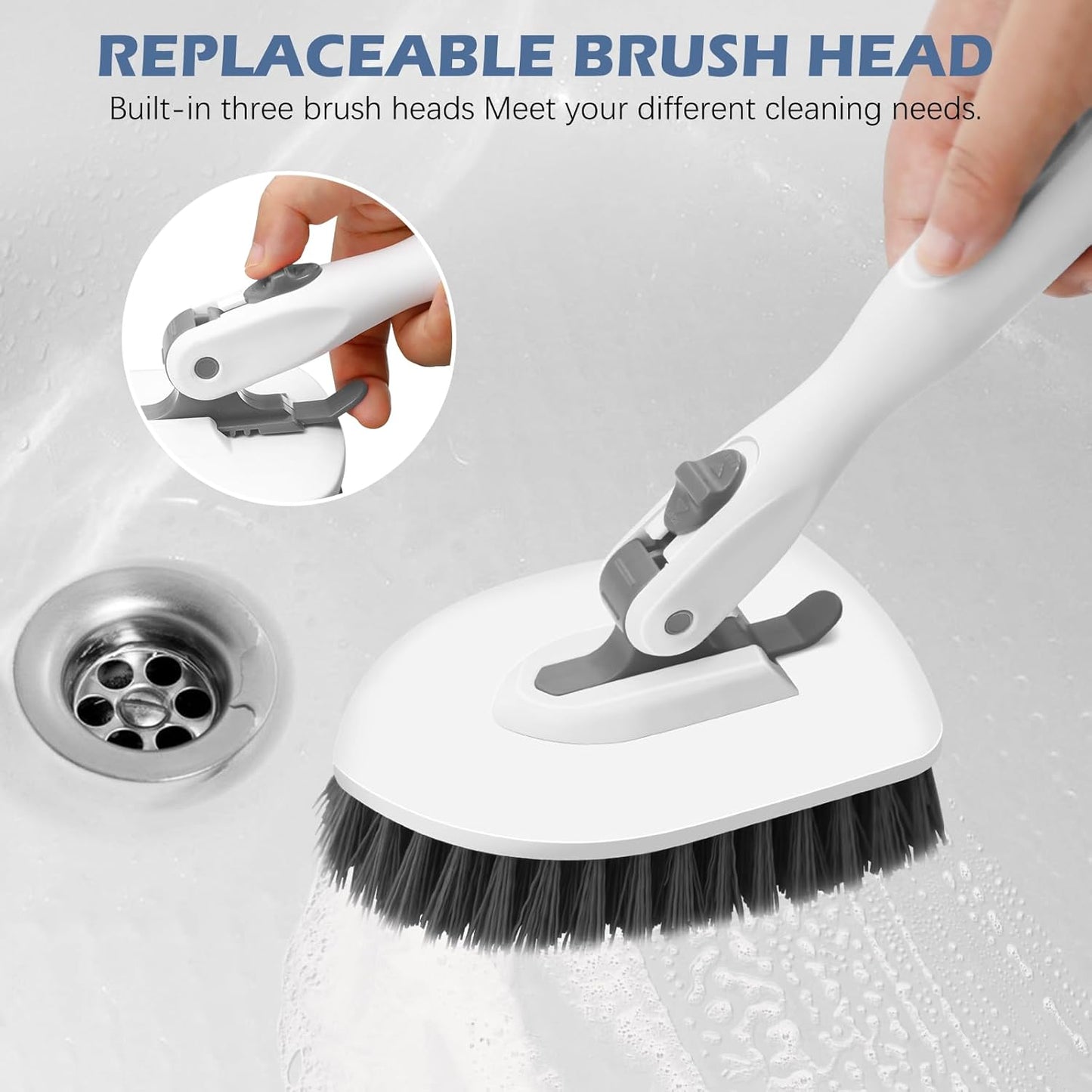 SetSail 4-in-1 Tile Tub Floor Scrubber with 52-inch Adjustable Long Handle Shower Cleaner Brush Comes with Window Scrubber and 3 Replacement Brush Heads for Cleaning Bathroom Kitchen Tub Tile, White