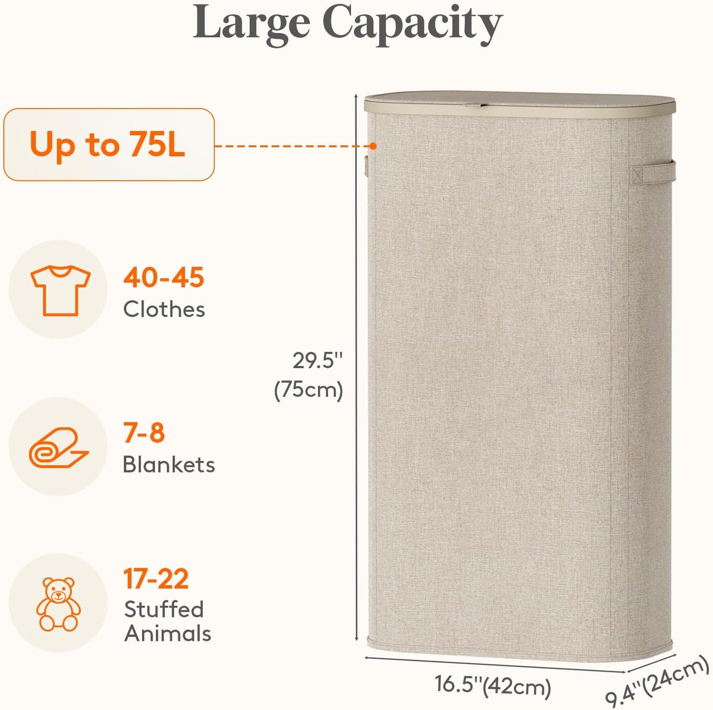 Lifewit 75L Slim Laundry Basket with Lid, Narrow Large Laundry Hamper with Plastic Handles and Removable Bag, Tall Foldable Dirty Clothes Hampers for Laundry Room, Bedroom, Bathroom, Dorm, Beige