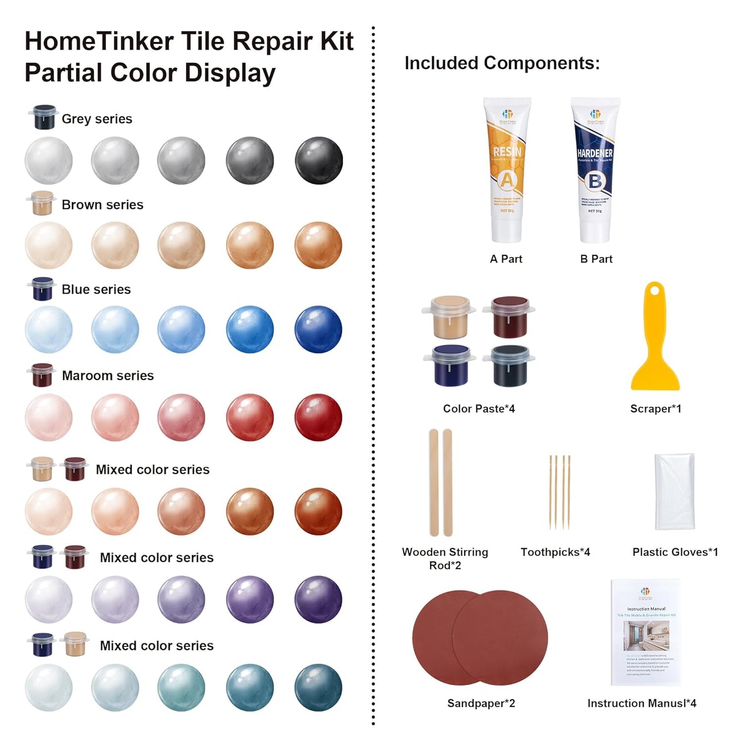 Tub Repair Kit White(Color Match), Fiberglass Porcelain Repair Kit for Acrylic, Ceramics, Enamel, Tile, Repairs Chips, Cracks, Scratches, Holes on Tub, Tile, Bathtub, Toilet, Sink, Shower Tray