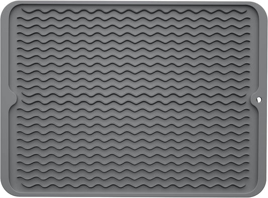 ZLR Silicone Dish Drying Mat for Kitchen Counter, Eco-Friendly Fast Dry Dish Mat, Easy Clean Multi Usage Drying Matt, Heat Resistant Trivet, 12" x 16" Large, Dark Gray