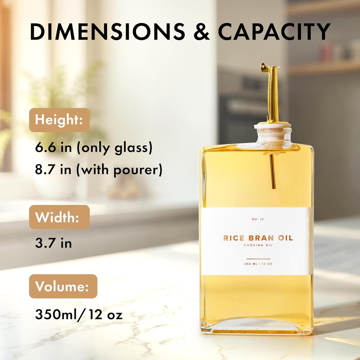 Glass Olive Oil Dispenser Bottle Set [4x12oz]: 36 Premium Gold Labels, Oil Dispenser for kitchen, Vinegar Bottle Set, Glass Dispensers for Soy Sauce, Syrup Bottles | Set of 4