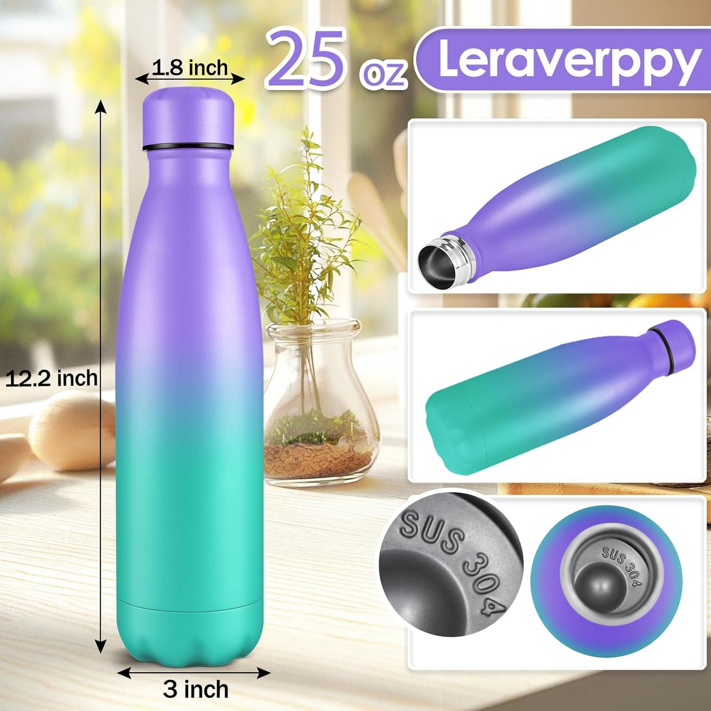 25oz Cola-Bottle Shaped Stainless Steel Leak-proof Water Bottle,Double Wall Vacuum Insulated Metal,Travel Mug For Sports Indoors & Outdoors,BPA-Free Kids Flasks,Purple Green(1 Pack)