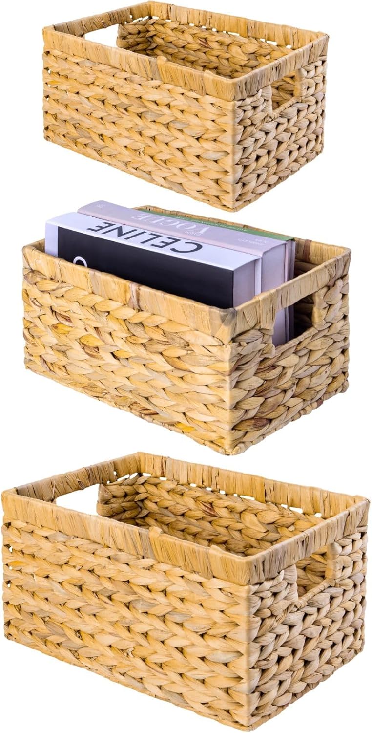 Set of 3 Wicker Storage Baskets for Shelves, Water Hyacinth Storage Baskets, Wicker Baskets for Storage, Kitchen Organizers and Storage Pantry (Set 3 SML)