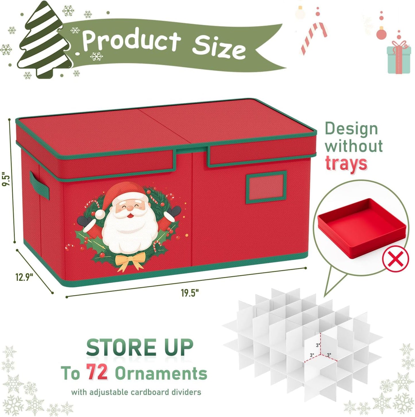 Christmas Ornaments Storage Boxes Christmas Ornament Organizer Storage Box with Adjustable Divider Fit 72 of 3 Inch Ornaments 600D Oxford Fabric Ornament Storage Box for Decoration Storage