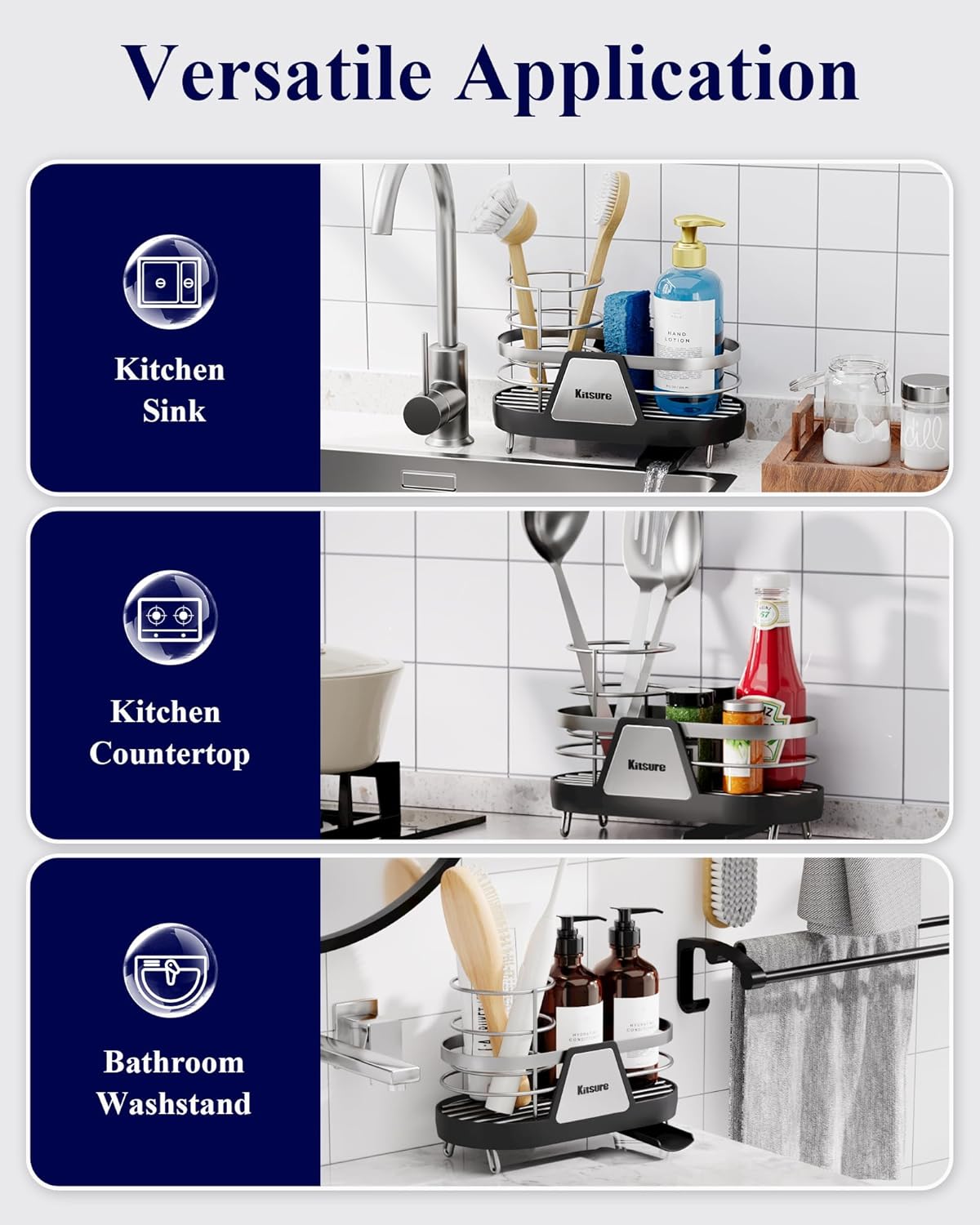 Kitsure Sponge Holder for Kitchen Sink - Space-Saving Kitchen Sink Caddy, Rustproof Metal Sink Organizer with Removable Brush Holder, 7.9"×3.9"×5.3", Black