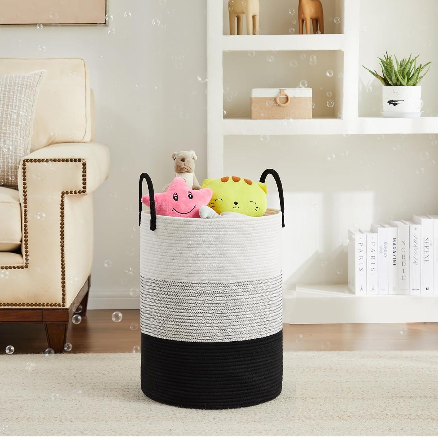 Fiona's magic Cotton Rope Laundry Hamper, Tall Woven Laundry Basket Storage, Baby Nursery Hamper for Blankets, Toys and Clothes Hamper for Bedroom and Living Room Organizing, 72L, Black & White