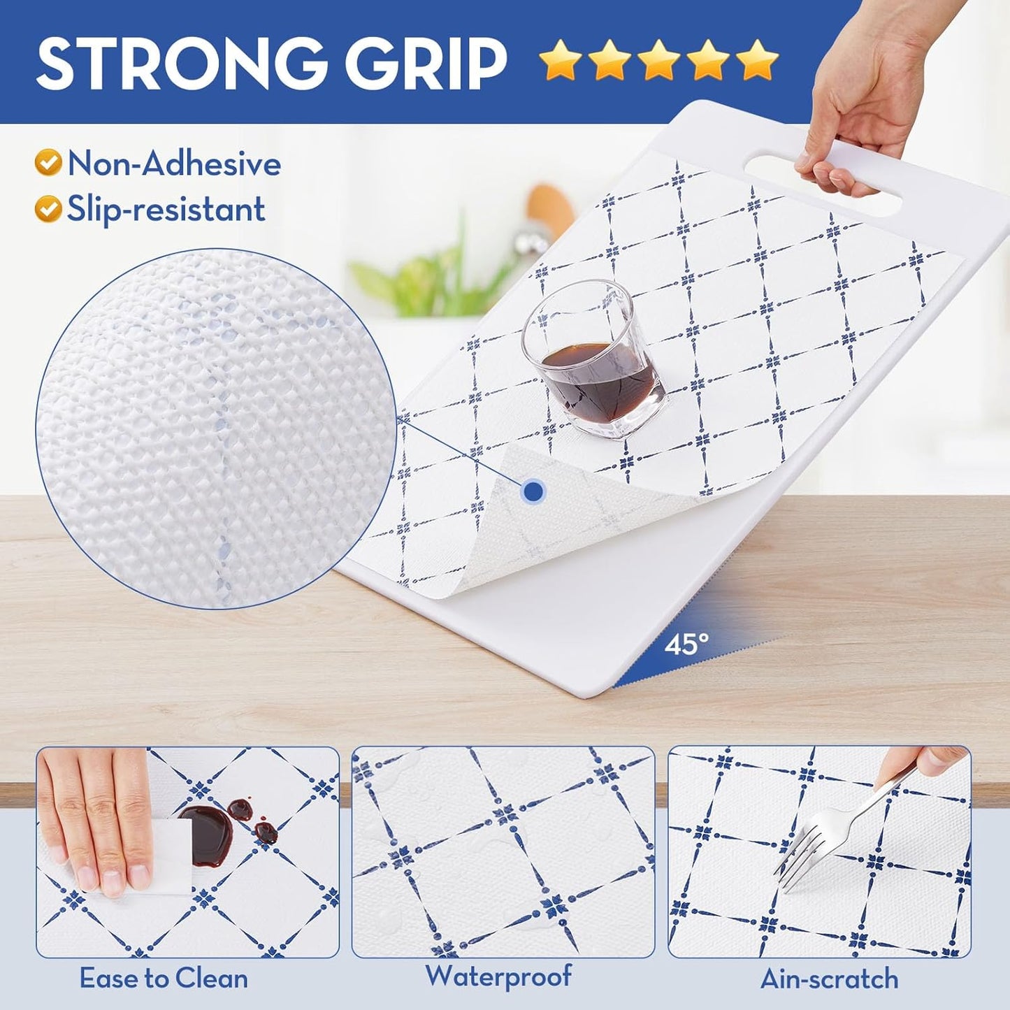 Drawer Shelf and Cabinet Liner, Thick Strong Grip,Shelf Liners Non-Adhesive Liners Protect Kitchen Cabinets and Cupboard, Bathroom Drawers,Under Sink Mat, 12" x10', Blue Stripe