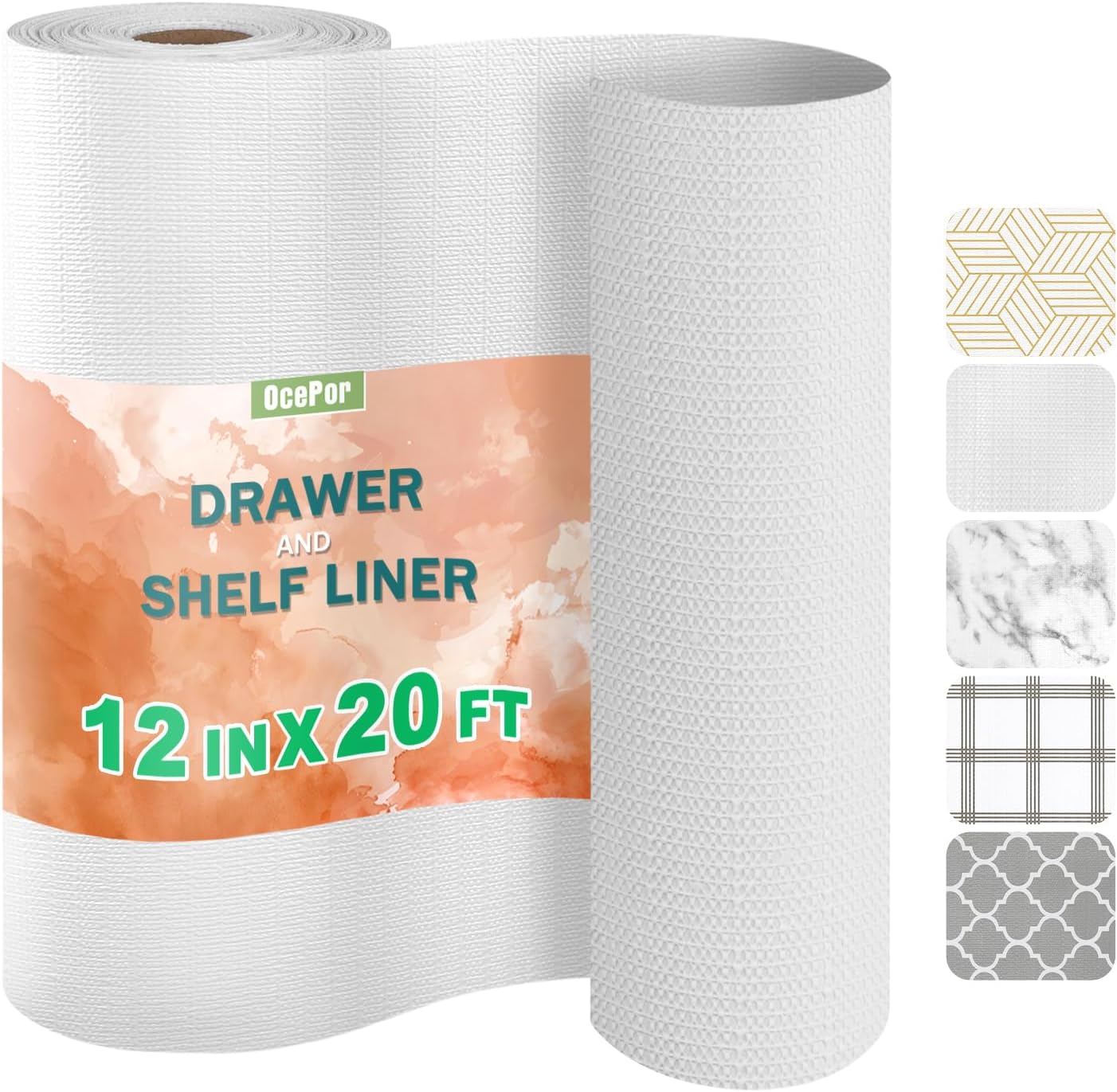 OcePor Non-Adhesive Drawer and Shelf Liner 12IN x 20FT, Non Slip Cabinet and Cupboard Liner, Kitchen Cabinet Liners for Shelves,Waterproof Drawer Shelf Liners for Cabinets/Bathroom Cupboard, White