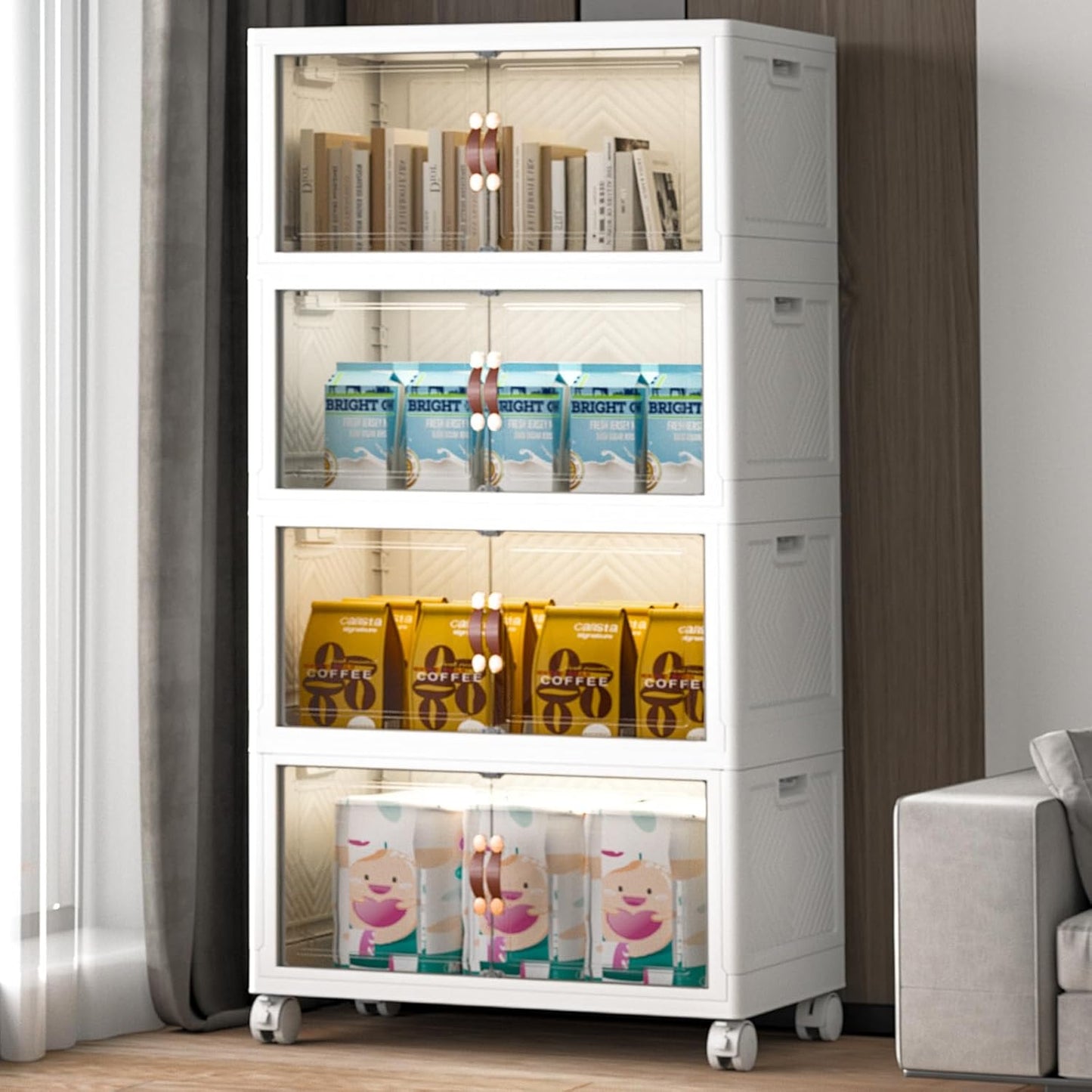 Extra Large Stackable Storage Bins with Lids & Wheels & Door, 448QT-112QT/28GAL*4Pack Foldable Collapsible Closet Organizers, Plastic containers drawers for bedroom Dorm