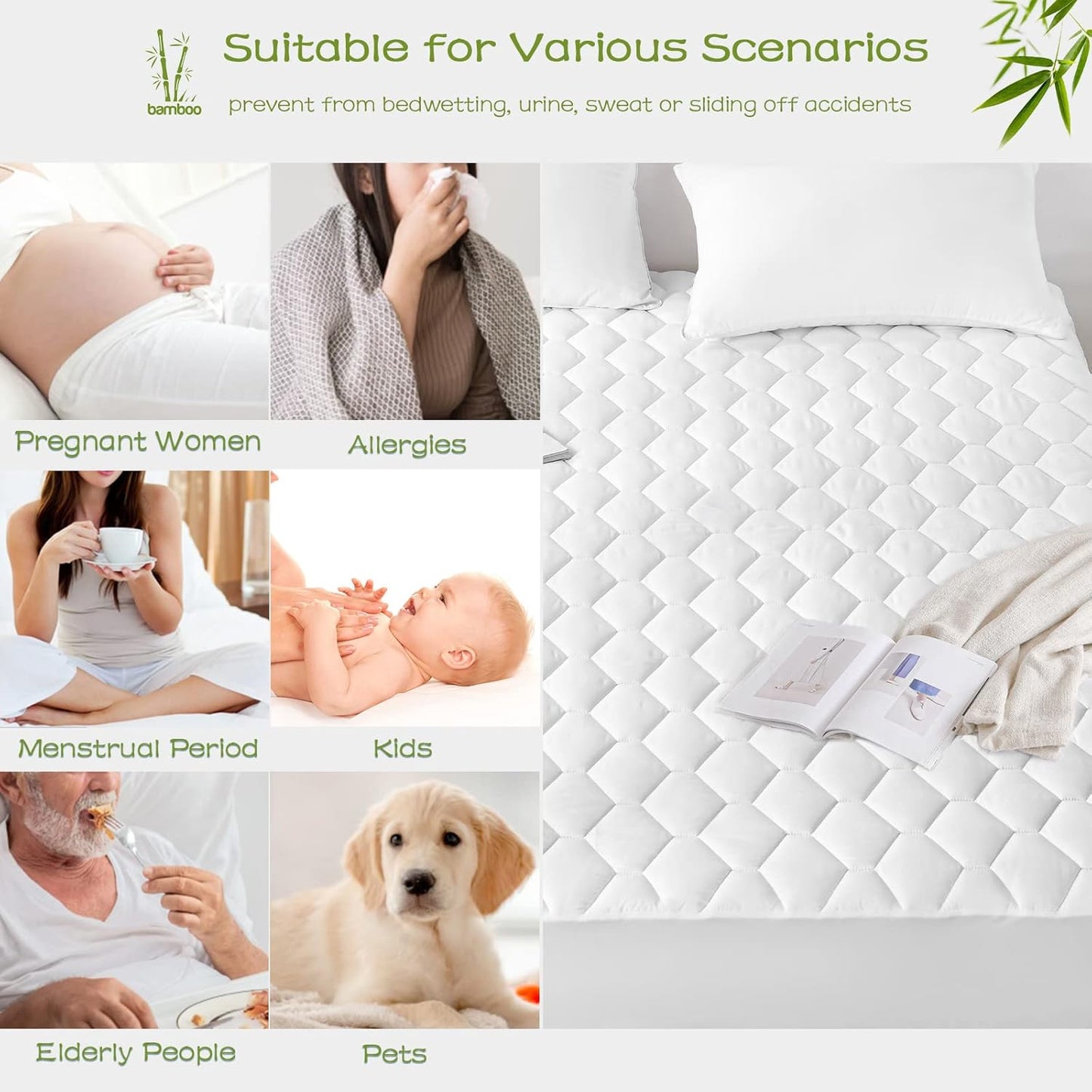 GRT King Mattress Protector Waterproof, Rayon from Bamboo, Cooling Quilted Fitted Mattress Pad, Noiseless Waterproof Mattress Cover, fits up to 21" Deep, Dust Proof White