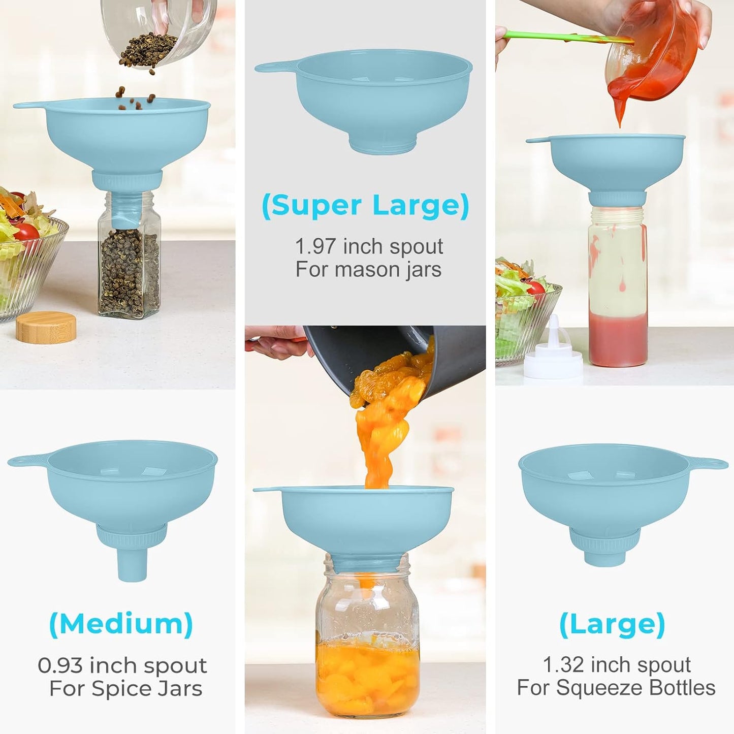 Wide Mouth Kitchen Funnel, Food Grade Plastic Cooking Canning Funnel with 4 Sizes Spouts for Filling Wide and Regular Mason Jars, Spray Dropper Oil Bottle Jug Spices Shampoo Sauce