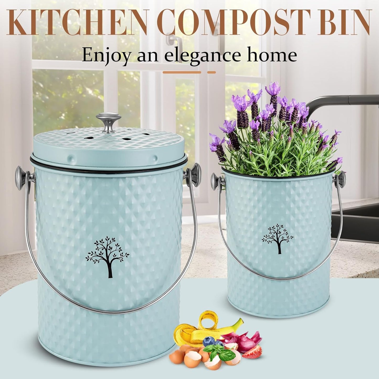 AOSION Countertop Compost Bin Kitchen,Odor Resistant Indoor Compost Bin with Lid and Compost Bags,Compost Bucket Composter Container for Food Waste,Blue