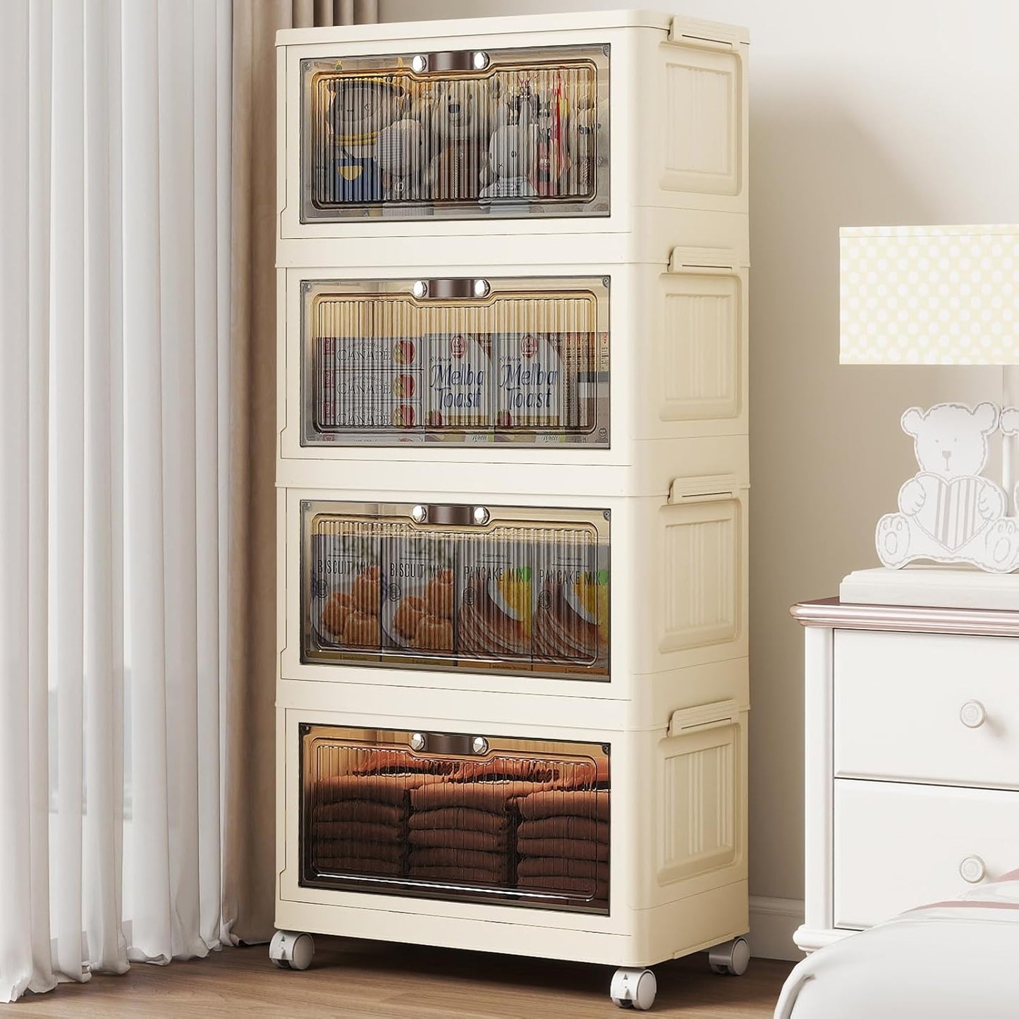 4 Tier - 34QT Storage Bins with Lids, Collapsible Storage Bins with Doors and Wheels, Plastic Storage Cabinet for Easy Storage and Organization for Living Room, Office