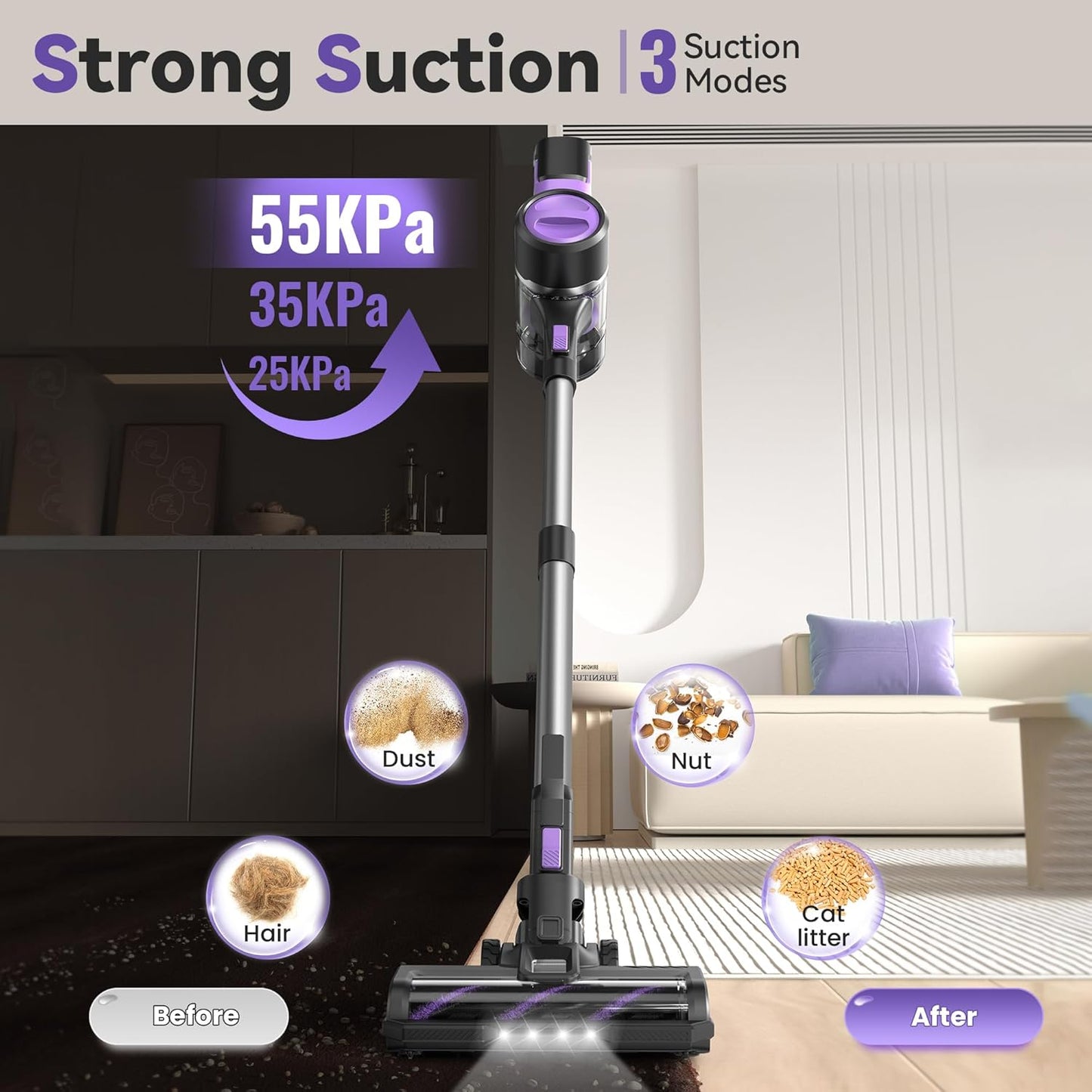 S10 Cordless Vacuum Cleaner, 55Kpa 60mins Lightweight Stick Vacuum with Powerful Suction for Home, Rechargeable, Self-Standing, Handheld Vacuum Cleaners for Hardwood Floors, Carpets, Pet Hair