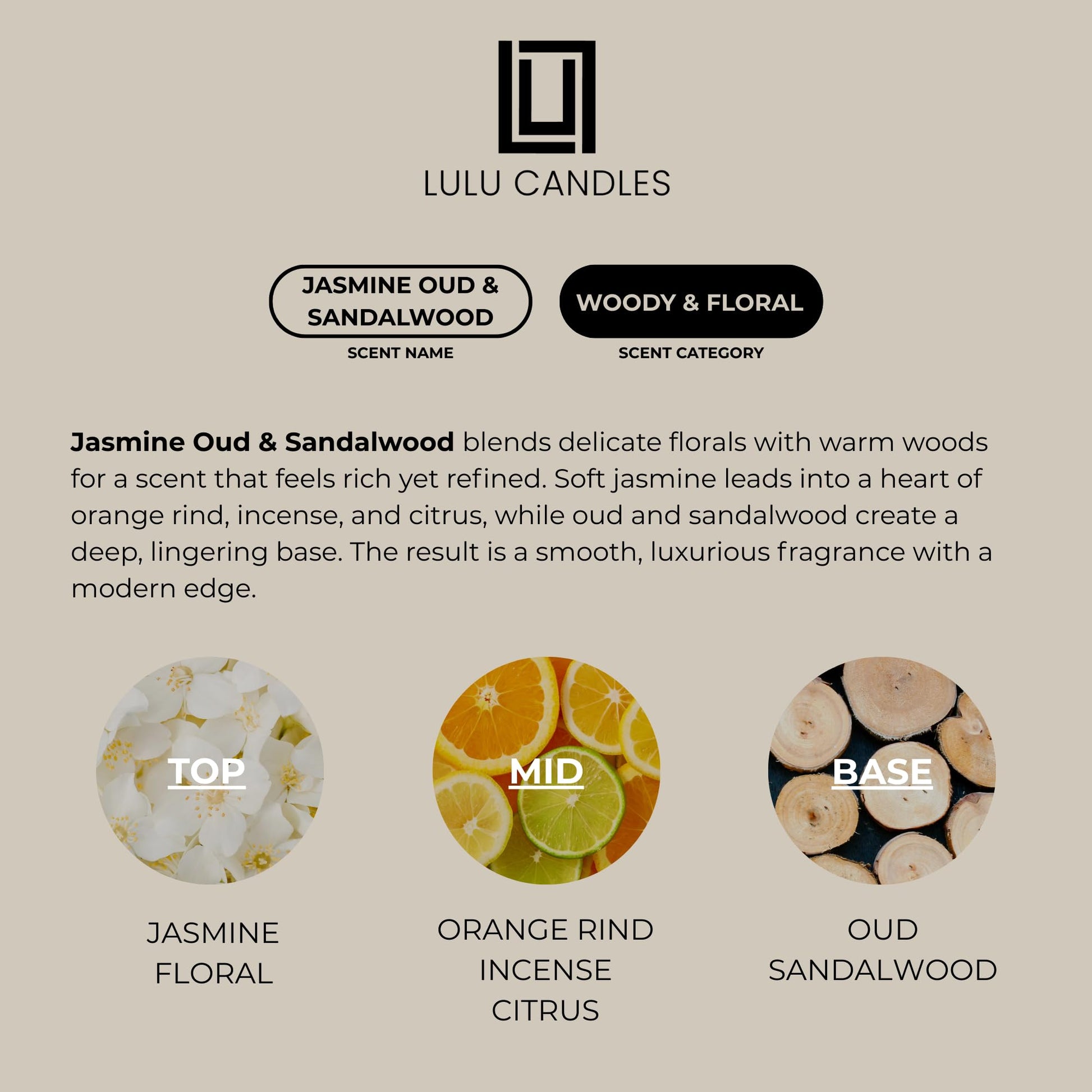 Lulu Candles Jasmine, Oud & Sandalwood Scented Soy Blend Jar Candle, 9 Oz.