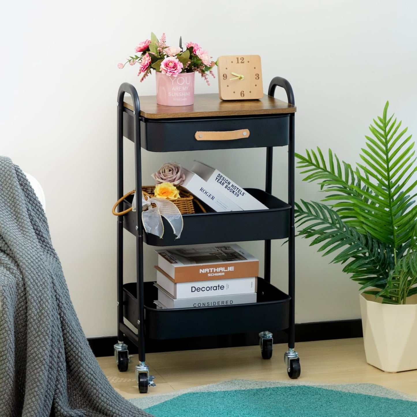 AGTEK Movable Rolling Organizer Cart with Drawer, 3 Tier Metal Utility Cart with Hanging Cups, Drawer with Leather Handle, Mobile Trolley Cart for Home & Office, Black