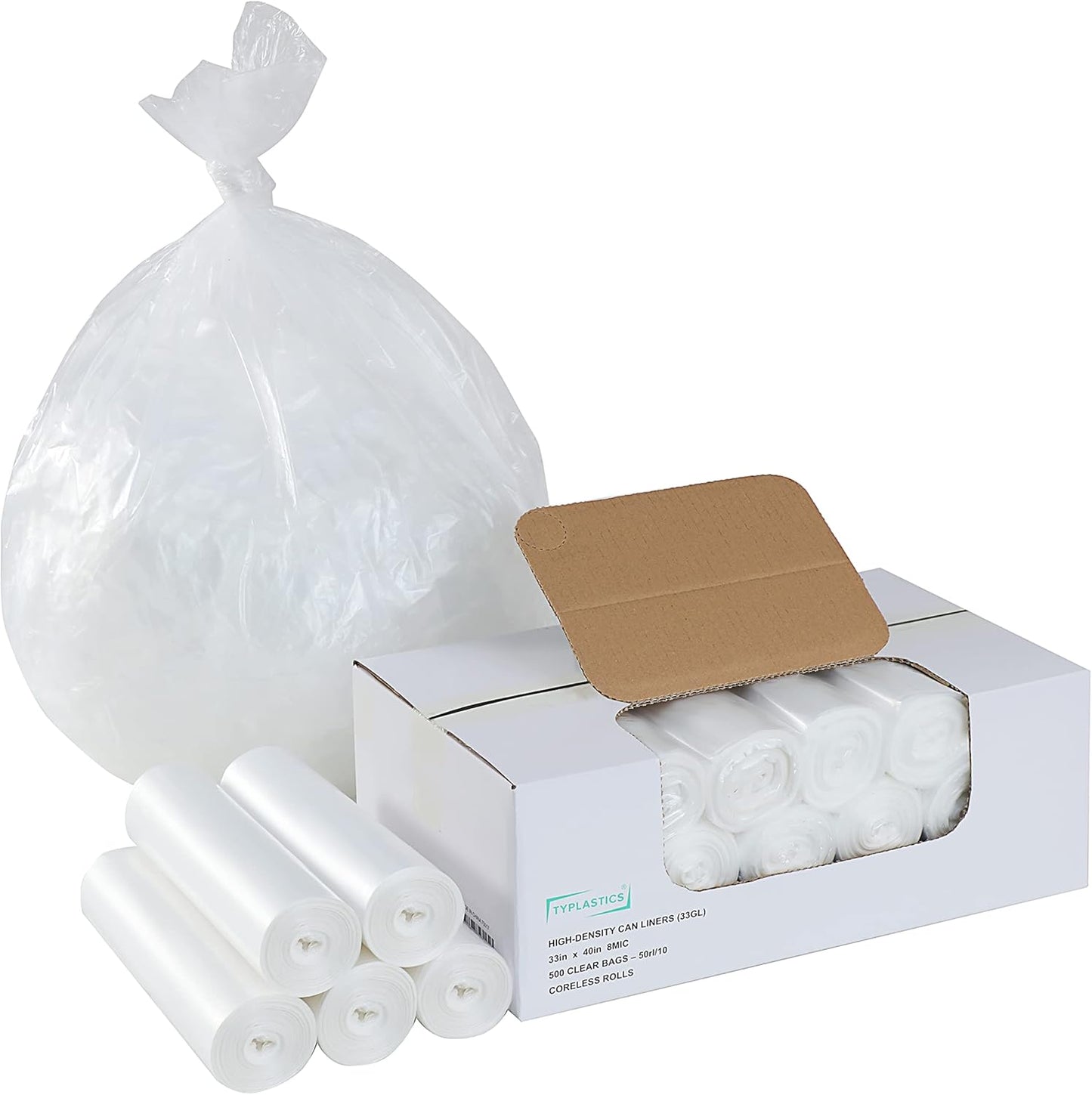 TYPLASTICS 33 Gallon Clear Trash Can Liners - 33" x 40" - High Density Garbage Bags - Case of 500 - Multipurpose for Office, Outdoor, Recycling, Industrial and Commercial