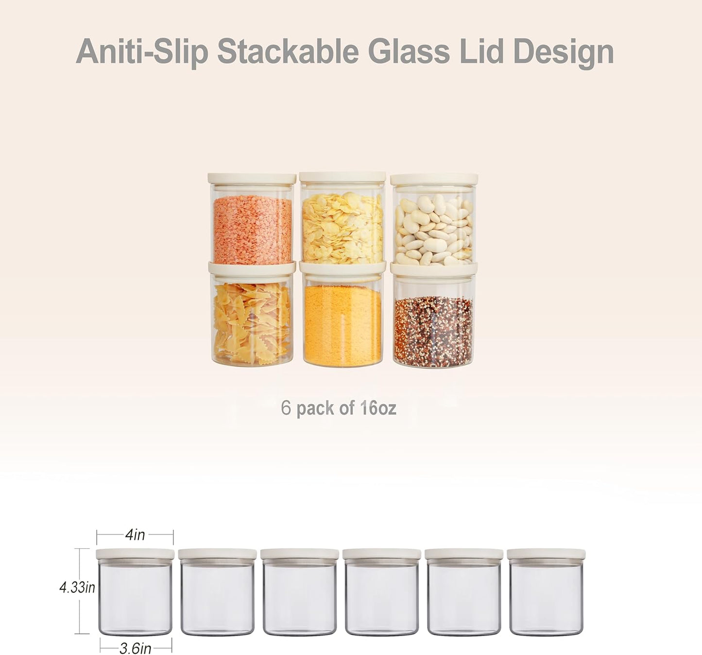 Urban Green Glass Food Storage Jar with Glass Lid, Food Canister Set with Airtight Lids, Pantry Storage Jar for Kitchen Organization. Food Storage Containers in Pack of 6, 16oz.