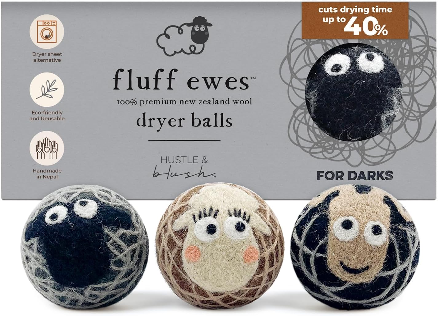 Fluff Ewes Wool Dryer Balls 3 Pack Premium New Zealand Wool Laundry Balls for Dryer, No Static Dryer Balls Laundry Reusable Cute - XL Wool Dryer Balls Cute, Baby Dryer Balls for Dryers - Darks