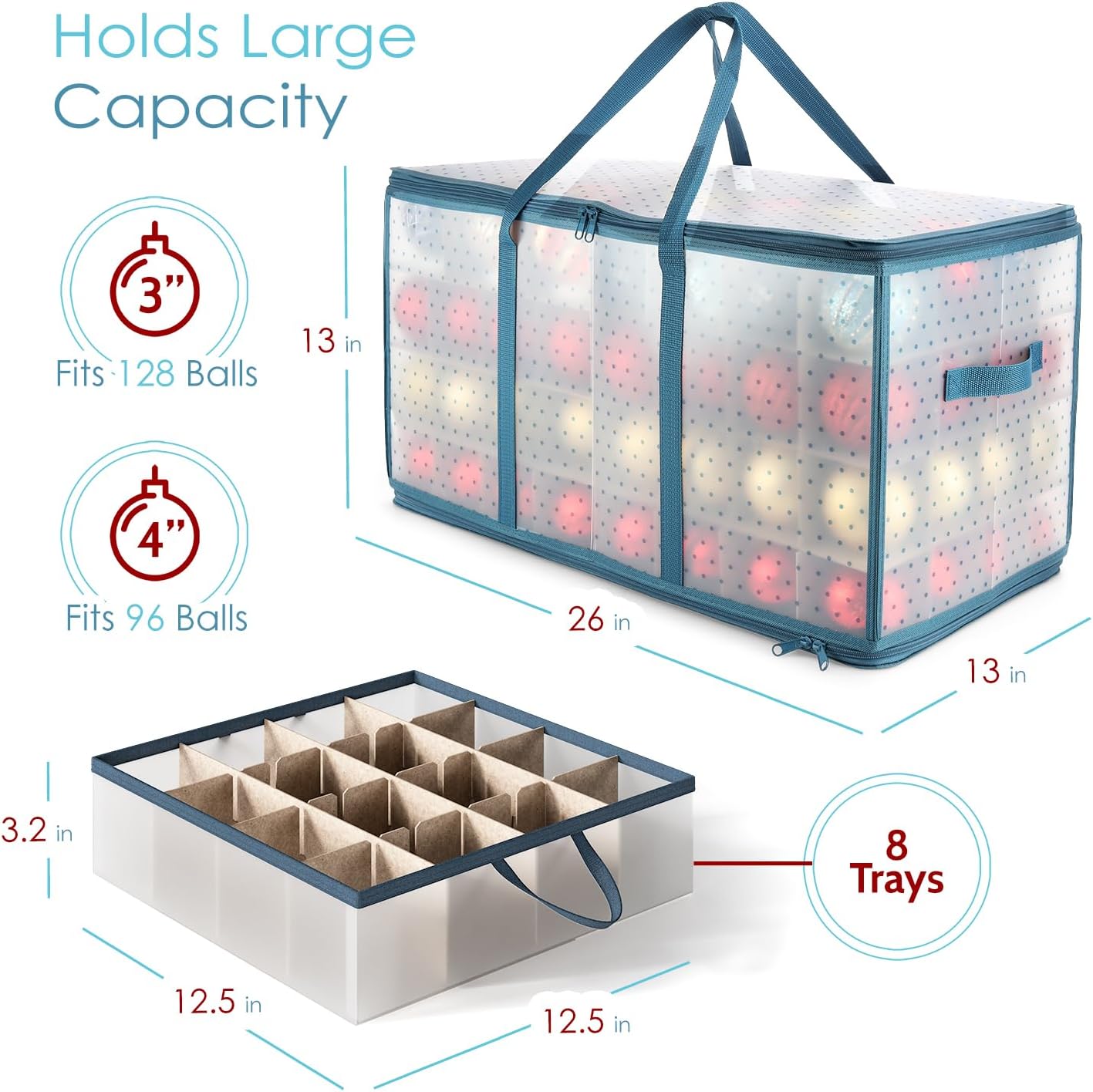 Large Christmas Ornament Storage Box With Adjustable Dividers - Plastic Ornament Storage Container For 128 Holiday Ornaments or Decorations - By Hearth & Harbor