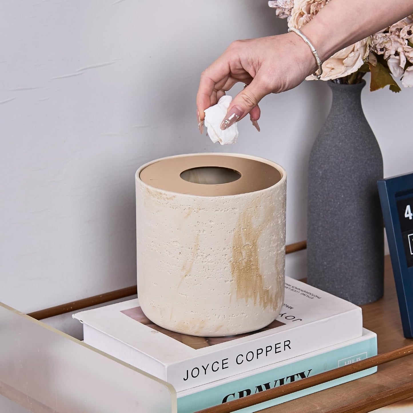 Natural Travertine Textures Mini Trash Can with Rose Gold Stainless Steel Lid, Mini Countertop Trash Can for Bathroom Kitchen, Desk or Table top Mini Garbage Can, Resin Tiny Waste Basket for Vanity