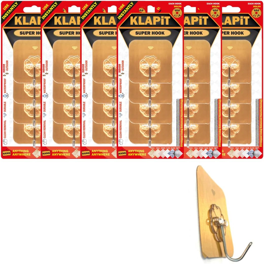 KLAPiT Super Hook - Heavy-Duty Adhesive Gold Wall Hooks, Holds Up to 11 lbs, Waterproof, No Damage, Easy Install on Tile, Wood, Stone, Glass & Metal - Made of Steel (Gold, 24pc)