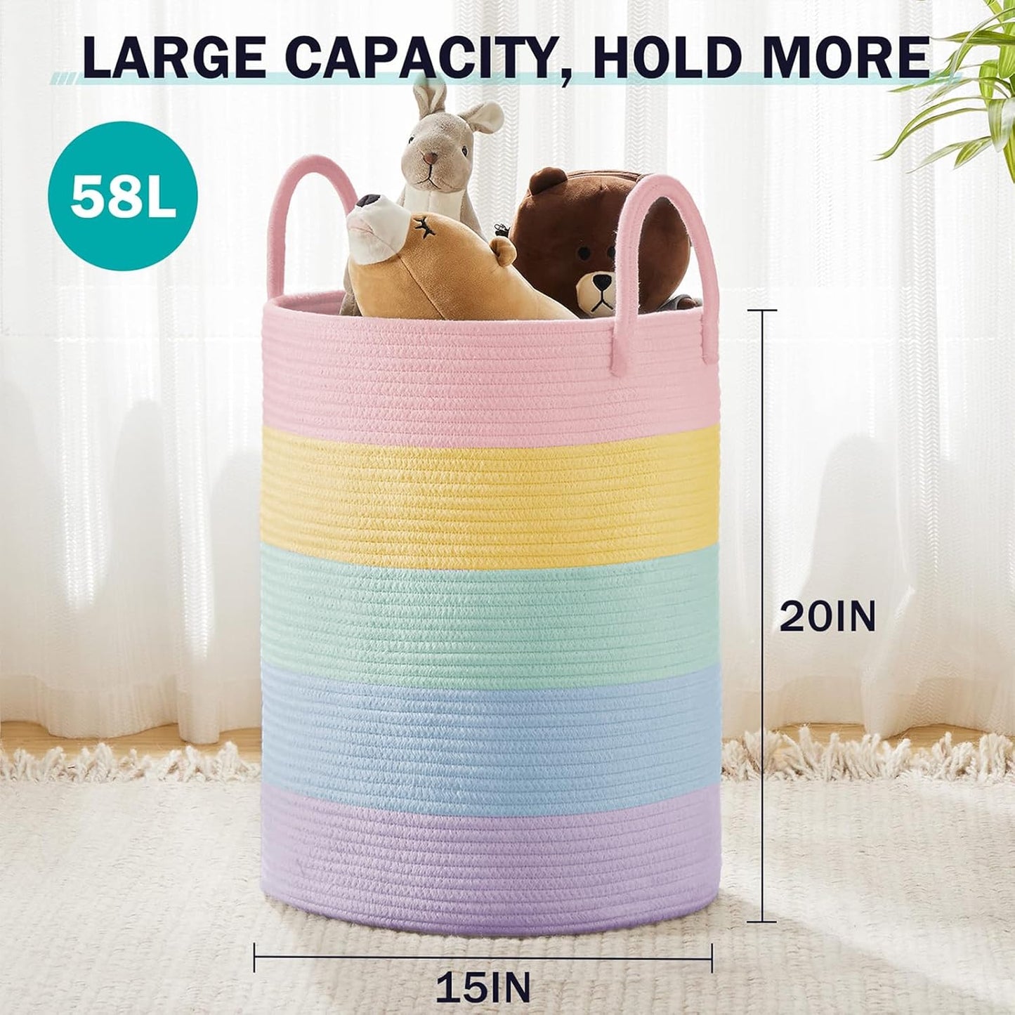 YOUDENOVA Laundry Hamper Basket, Woven 58L Tall Laundry Basket for Blanket Organizer- Clothes Hamper Baby Nursery Hamper for Blanket Storage in Bedroom