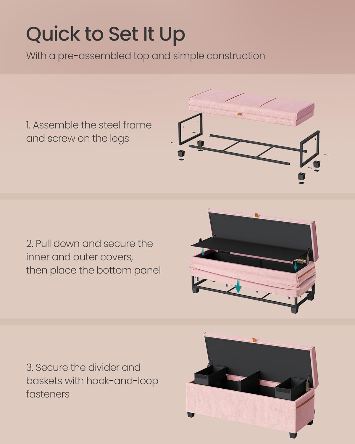 SONGMICS Storage Ottoman Bench, Storage Chest, 15.7 x 43.3 x 15.7 Inches, End of Bed Bench, 27 Gal. (103 L), for Bedroom, Entryway, Living Room, Jelly Pink ULSF533R01