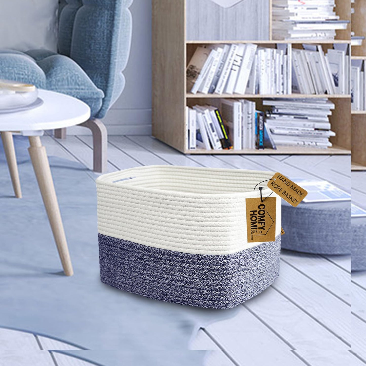 COMFY-HOMI 3 Pack Medium Cotton Rope Basket with Handles for Shelves, Dog Toy, Baby, Gift Organizing, Handwoven Craft - New Generation 13.5" x 11" x 9.5" (Navy Blue)