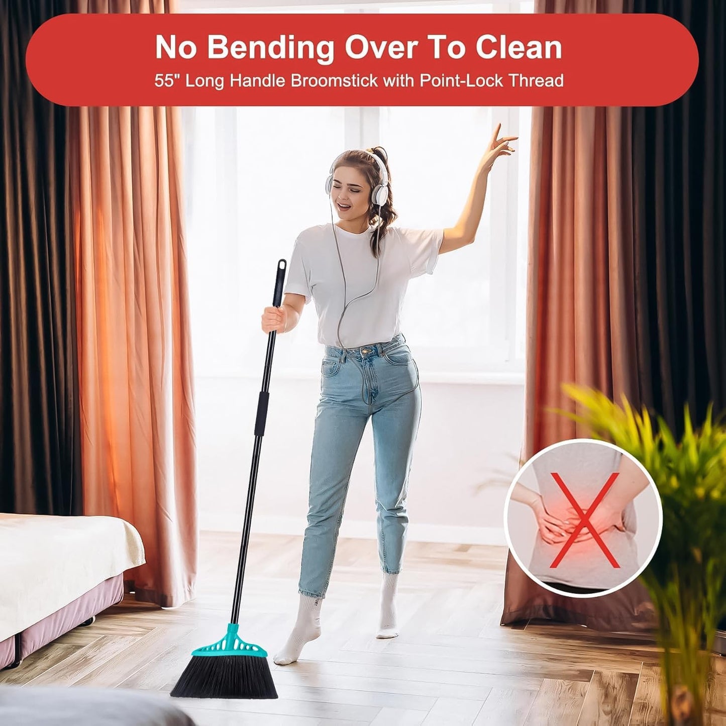 Outdoor Broom for Floor Cleaning, Heavy Duty Brooms with 55" Long Handle, Angle Brooms for Concrete Courtyard Home Patio Kitchen Shop Lobby Patio Lawn - Blue