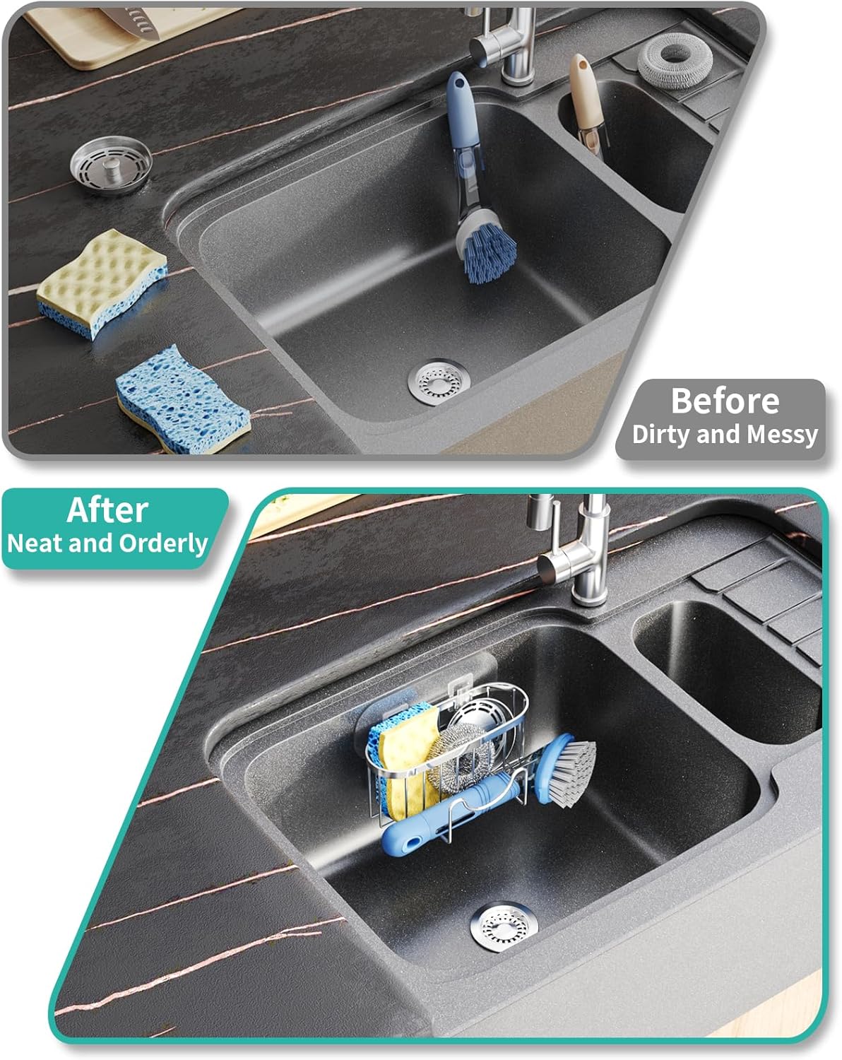 HapiRm Multifunctional Adhesive Kitchen Sink Organizer with M-Shaped, 2 Installation Methods Kitchen Sponge Holder, Rustproof Sponge Caddy for Brush, Sink Stopper and Scraper -Silver