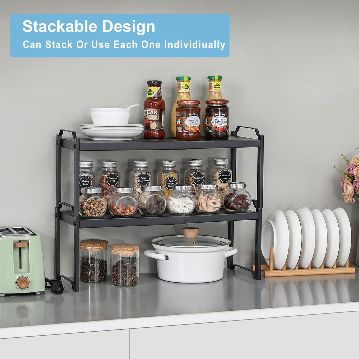 Expandable Cabinet Shelf Organizer, Adjustable kitchen Countertop Storage
