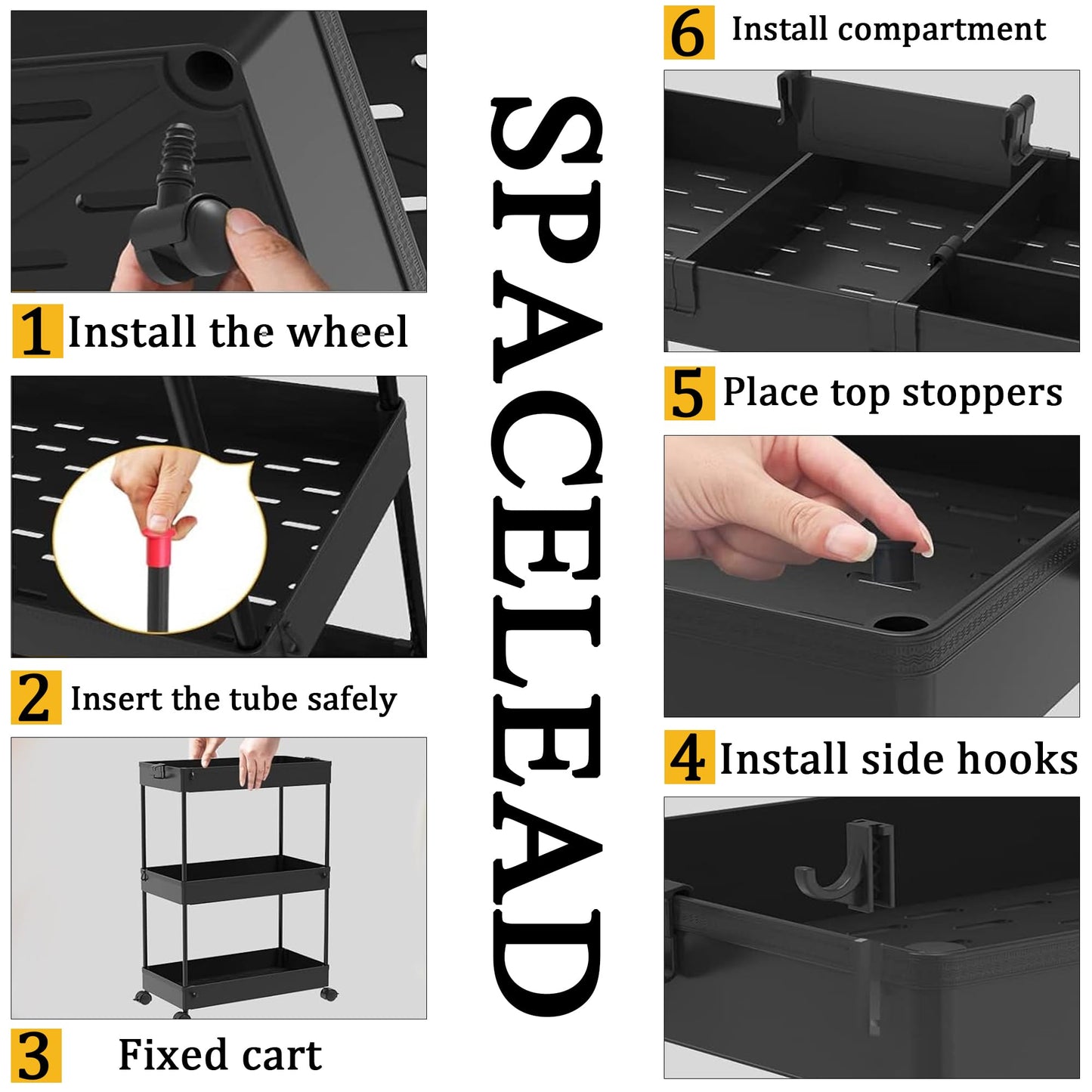 SPACELEAD Slim Storage Cart 3 Tier,Bathroom Organizer Rolling Utility,Mobile Shelving Unit Slide