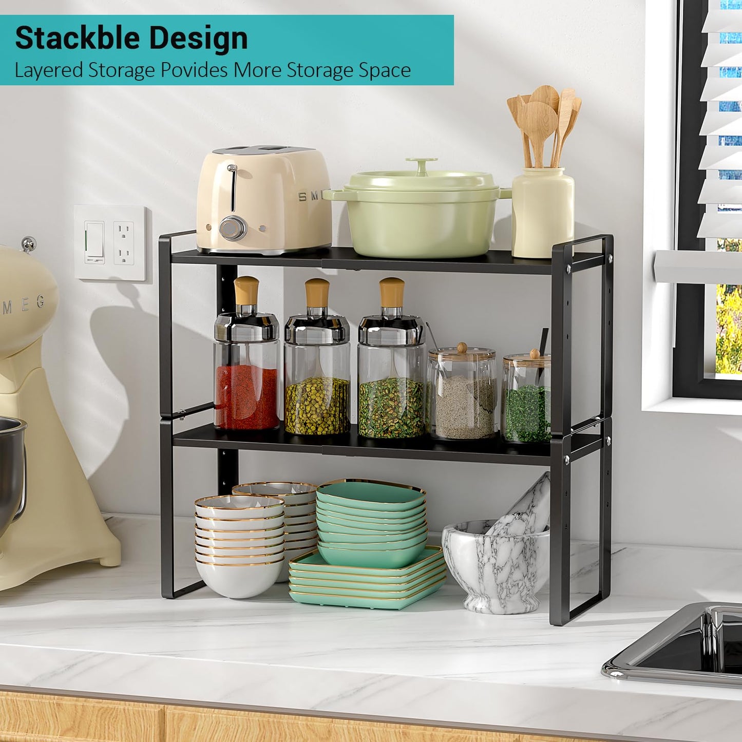 Astrorhine 2 Pack Expandable Cabinet Organizer Shelves, 88lbs High Weight Capacity, Stackable